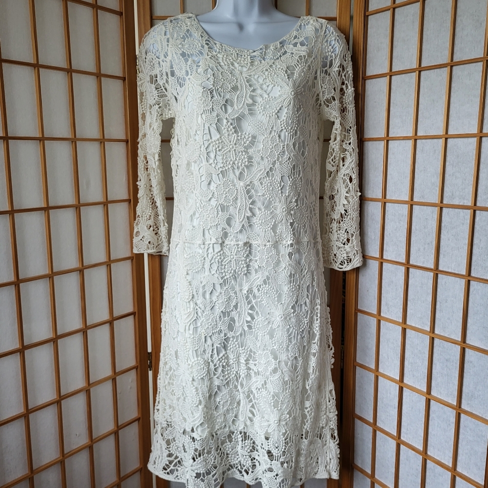 NWT RALPH LAUREN KNEE LENGTH EXCLUSIVE WINTER WHITE CROCHETED COTTON DRESS SMALL